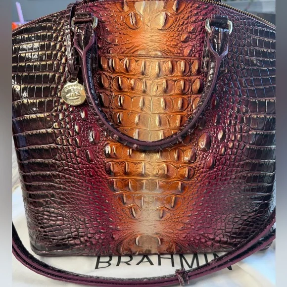 Brahmin Ombre Croc-Embossed Satchel in Burgundy and Tan - Picture 2 of 6